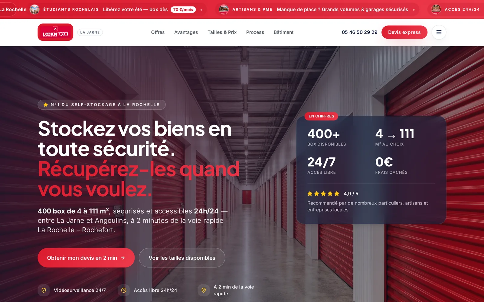 Page d'accueil du site Lock'n Box : « Stockez vos biens en toute sécurité » et devis en 2 minutes