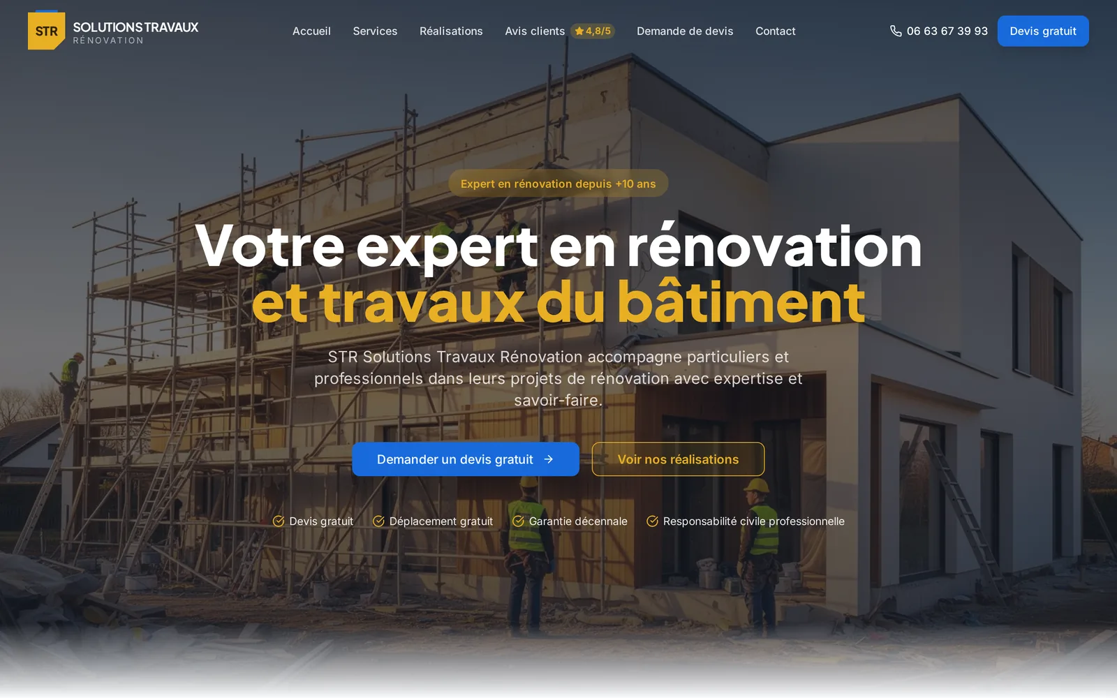 Page d'accueil du site STR17 : « Votre expert en rénovation et travaux du bâtiment » et devis gratuit